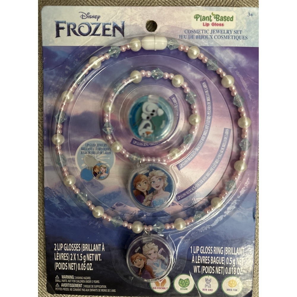 New- Disney Frozen Plant Based Lip Gloss Ring,‎ Bracelet, Necklace Jewelry Set